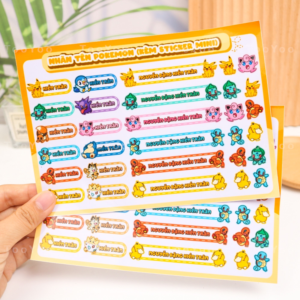 Nhãn tên Pokemon in theo yêu cầu dán đồ dùng học tập dễ thương cute TooYoo BK00433