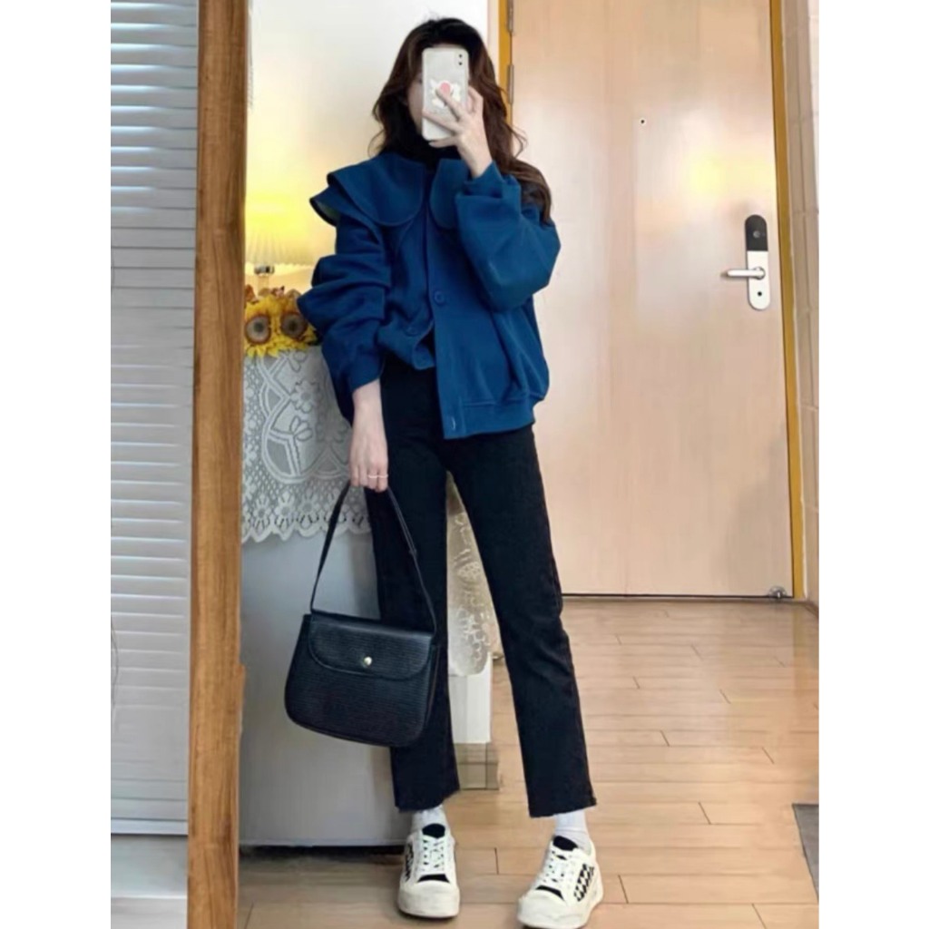 Set áo khoác cài cúc cổ bèo phối quần jeans đen ống đứng phong cách Basic - immin.h
