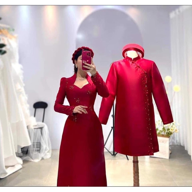 Áo dài dâu rể  đỏ tươi và đỏ đô