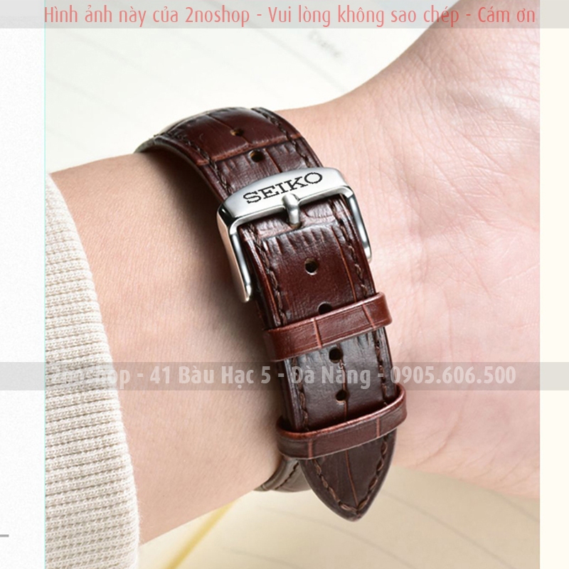 Dây đeo đồng hồ khóa kim logo SEIKO, da bò dập vân cá sấu, chống hút mồ hôi, khoá kim khắc logo theo yêu cầu - D1702