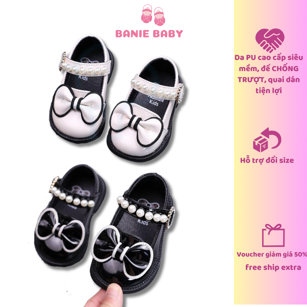 Giày Búp Bê Tập Đi Cho Bé Gái, Giày Bệt Quai Dán Đính Ngọc Phối Nơ Tiểu Thư Xinh Xắn Đế Chống Trơn - BANIE BABY