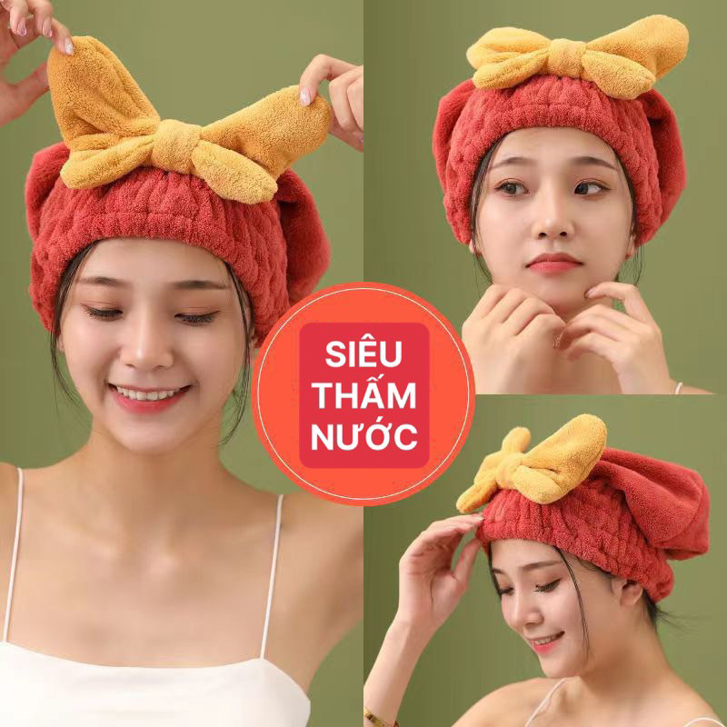 Mũ Ủ Tóc Siêu Thấm Nước, Mũ Tắm Nơ Nhung Dày Dặn, Khăn Quấn Khô Tóc Có Nơ Dễ Thương