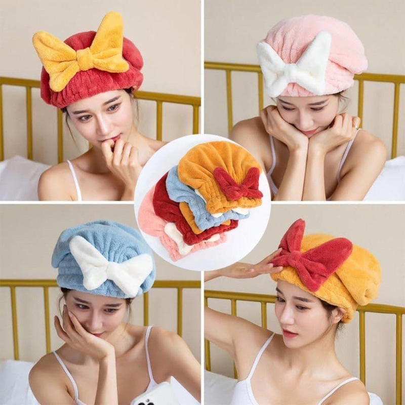 Mũ Ủ Tóc Siêu Thấm Nước, Mũ Tắm Nơ Nhung Dày Dặn, Khăn Quấn Khô Tóc Có Nơ Dễ Thương