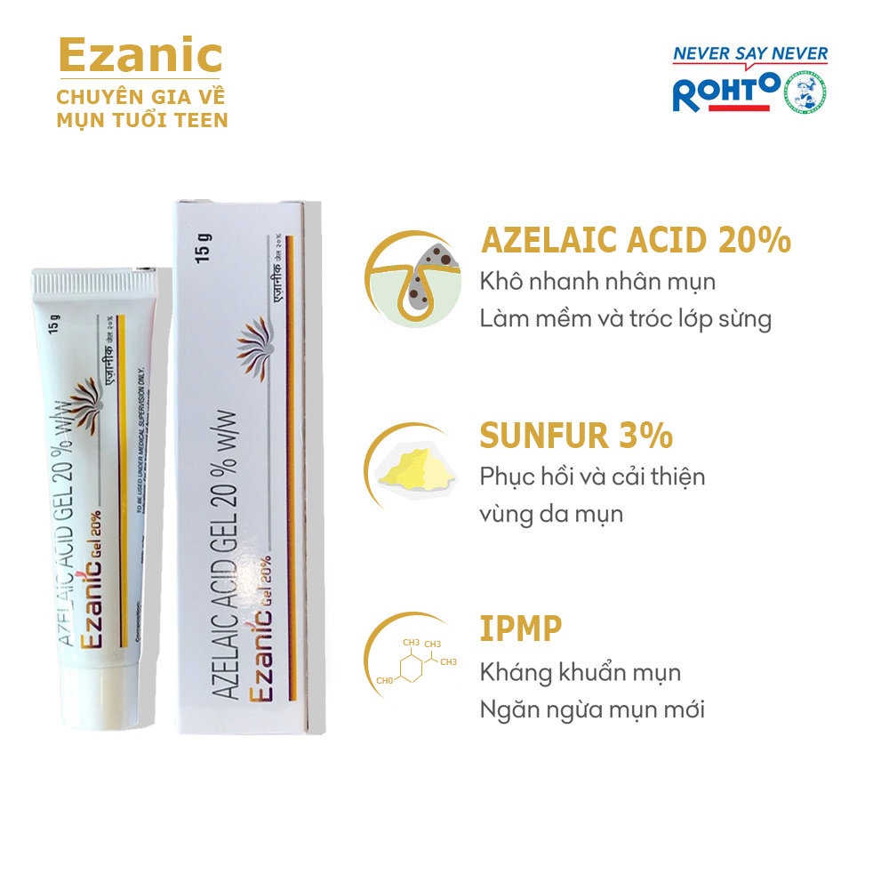 Gel Ezanic giúp hỗ trợ ngừa mụn giảm thâm Ezanic Gel 20 Azelaic Acid tuýp dung tích 15 gram
