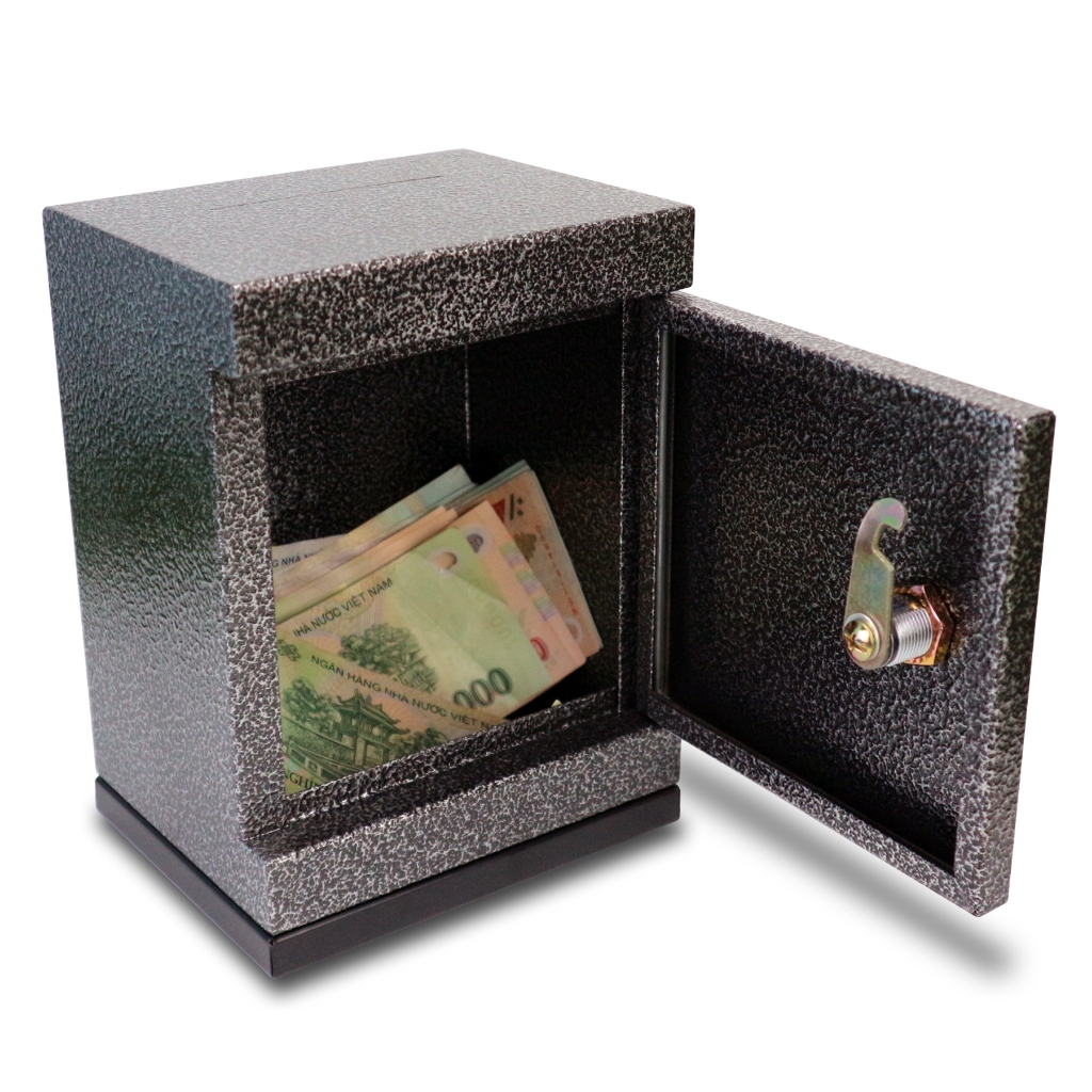 Két sắt tiết kiệm mini SAFEBOXX 12x 15x 20cm trọng lượng 1,300g màu Đen Bông Bạc, khóa an toàn với chìa khóa