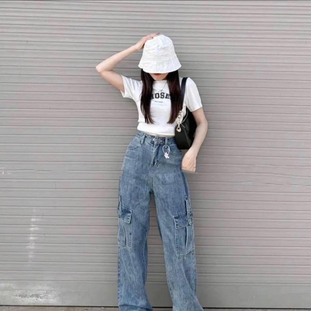 Quần jean túi hộp màu xanh bụi  chất QC dài 105cm X709