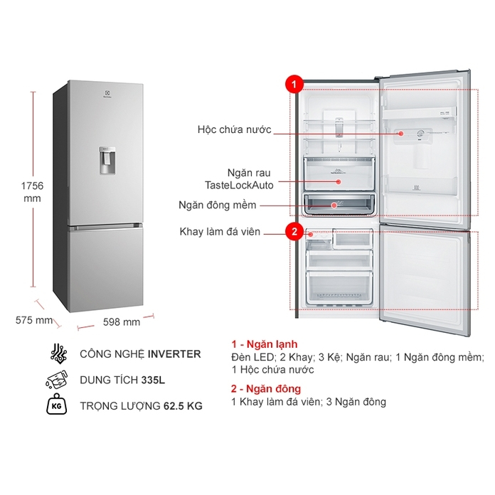 Tủ lạnh Electrolux Inverter 335 lít EBB3742K-A - HÀNG CHÍNH HÃNG