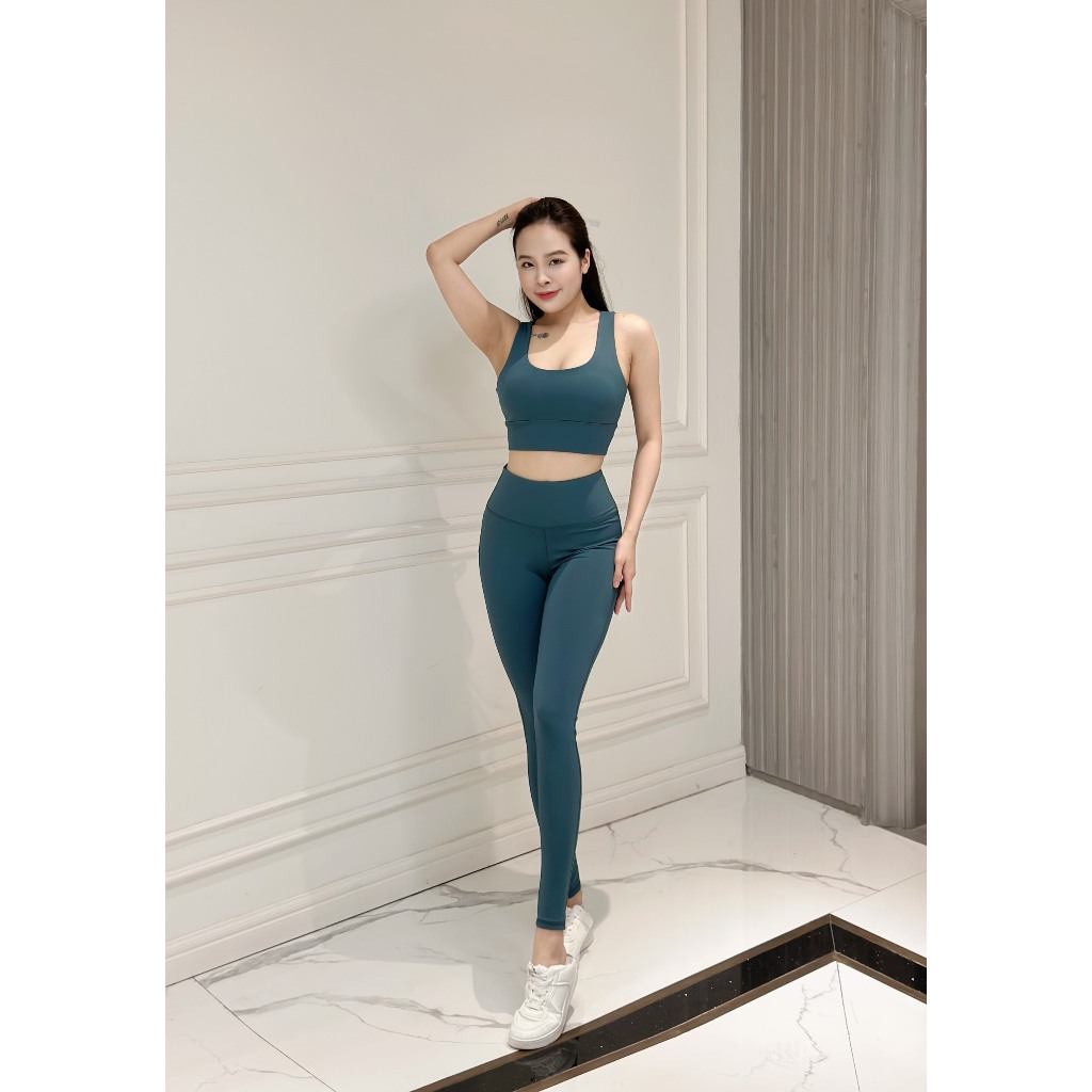Bộ tập yoga, gym nữ quần dài áo dây lưng đan chéo có mút ngực chất thun co giãn tặng kèm mút- D30