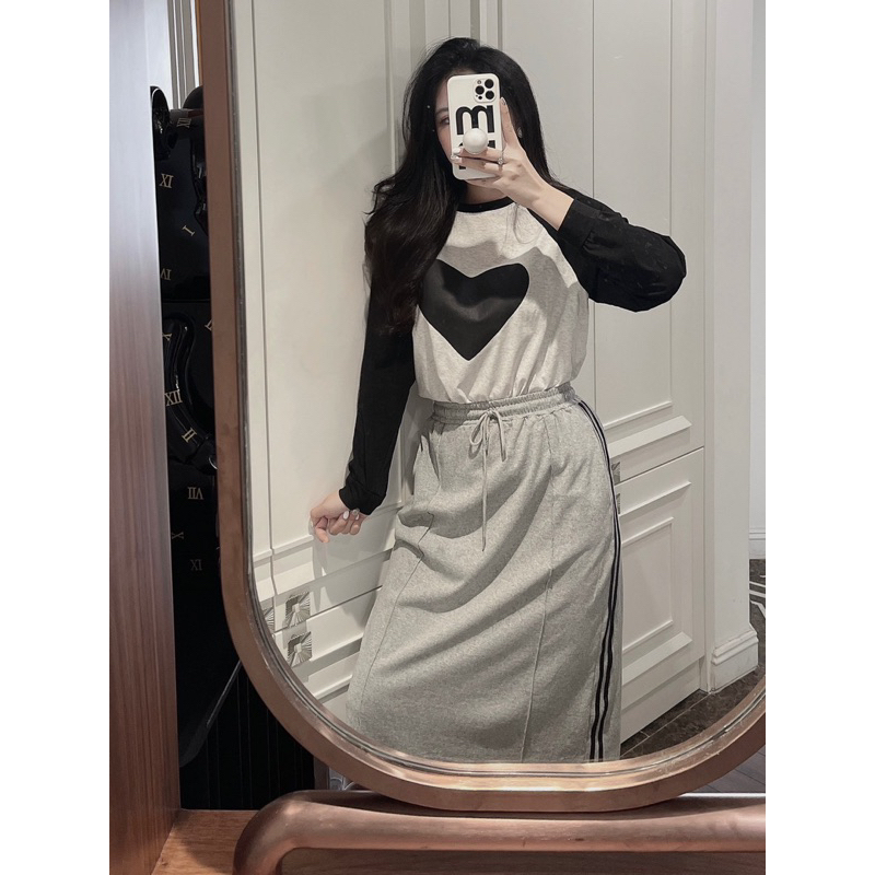 Sét áo váy đôi cho mẹ và bé hình trái tim màu ghi