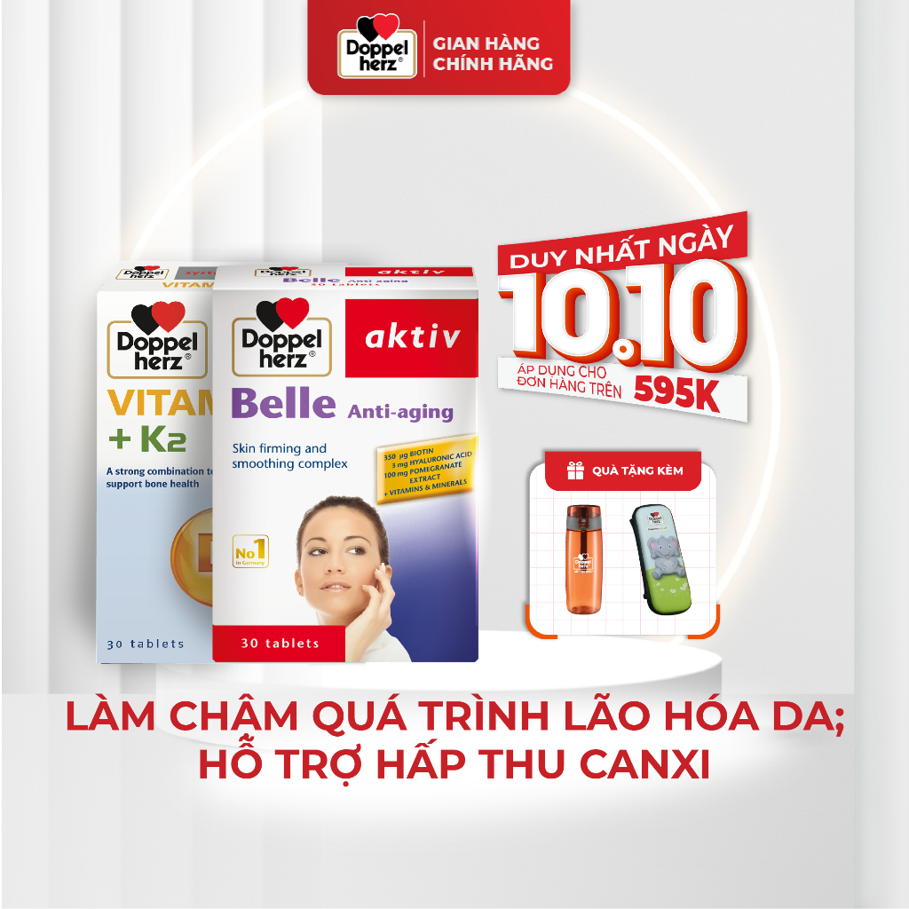 Bộ đôi chống lão hóa, tăng cường hấp thụ canxi ngừa loãng xương Doppelherz Anti Aging - Vitamin K2 D3 (2 hộp 30 viên)