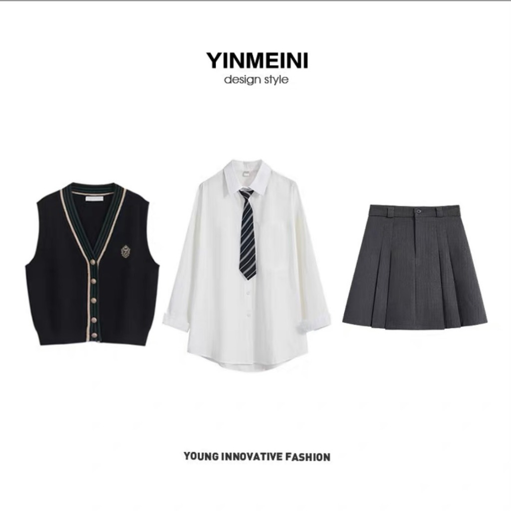 Set áo ghile len kèm áo somi cà vạt chân váy xếp ly phong cách nữ sinh Hàn Quốc - immin.h