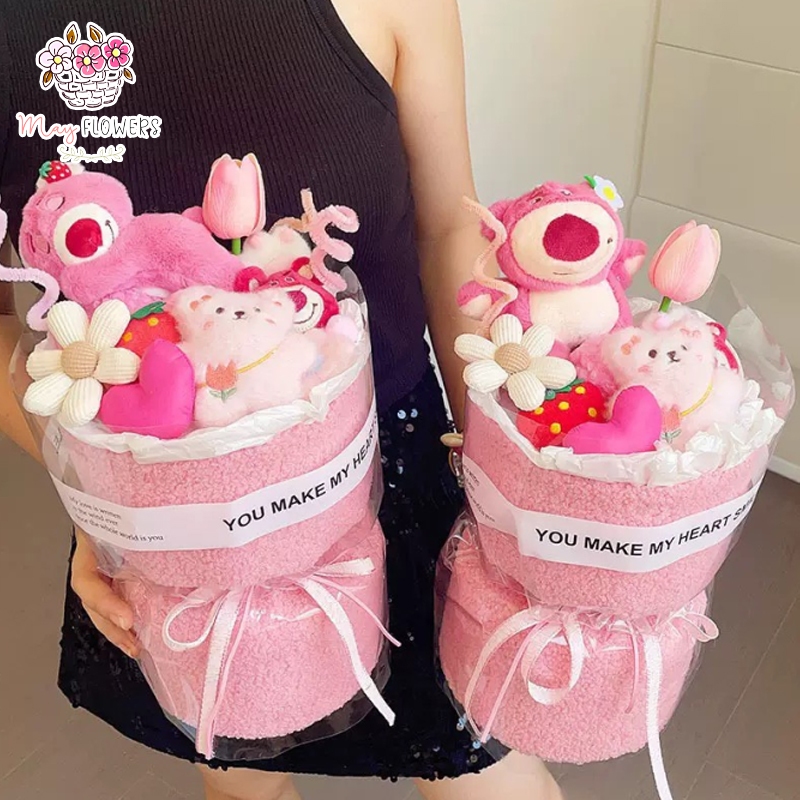 Bó hoa gấu dâu bọc vải mềm mải dễ thương cao cấp, bó hoa nhồi bông hình gấu dâu tây, quà tặng bạn gá