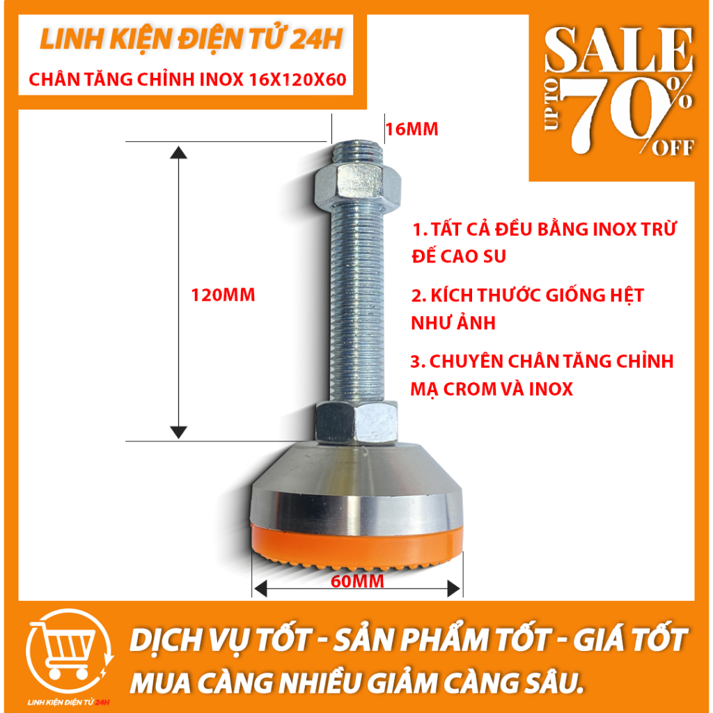 Chân tăng chỉnh chịu lực INOX 304 đế 60mm, ren M10-M12-M16, chân tăng chịu lực