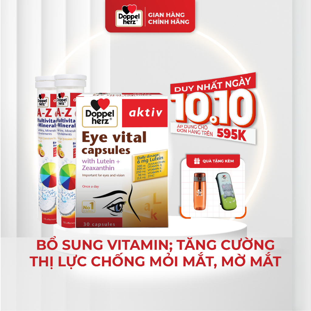 Combo bổ sung vitamin và hỗ trợ tăng cường thị lực Doppelherz Eye Vital (30 viên) + 02 tuýp sủi A-Z Fizz (13 viên)