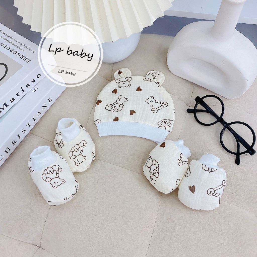 Sét mũ kèm bao tay bao chân MUSLIN 5 MÓN HỌA TIẾT chất đẹp đáng yêu cho bé SM13