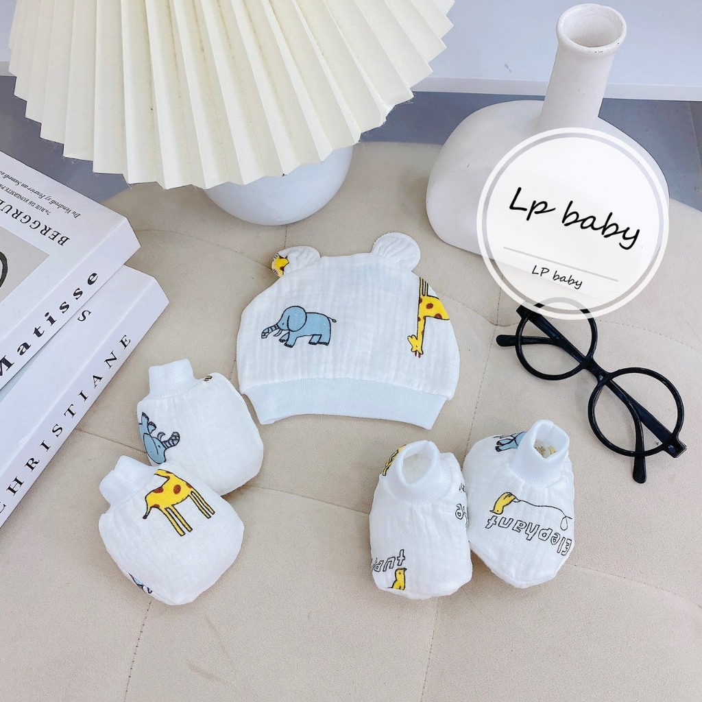 Sét mũ kèm bao tay bao chân MUSLIN 5 MÓN HỌA TIẾT chất đẹp đáng yêu cho bé SM13