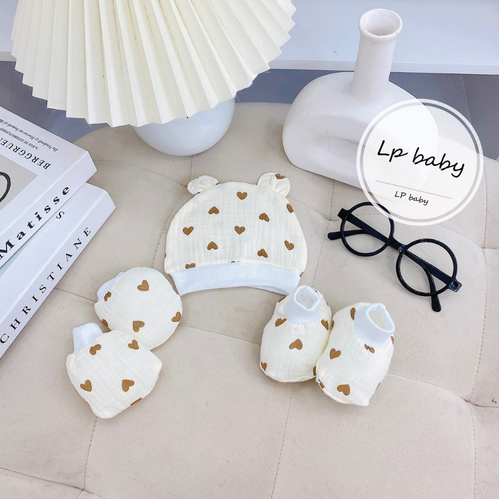 Sét mũ kèm bao tay bao chân MUSLIN 5 MÓN HỌA TIẾT chất đẹp đáng yêu cho bé SM13