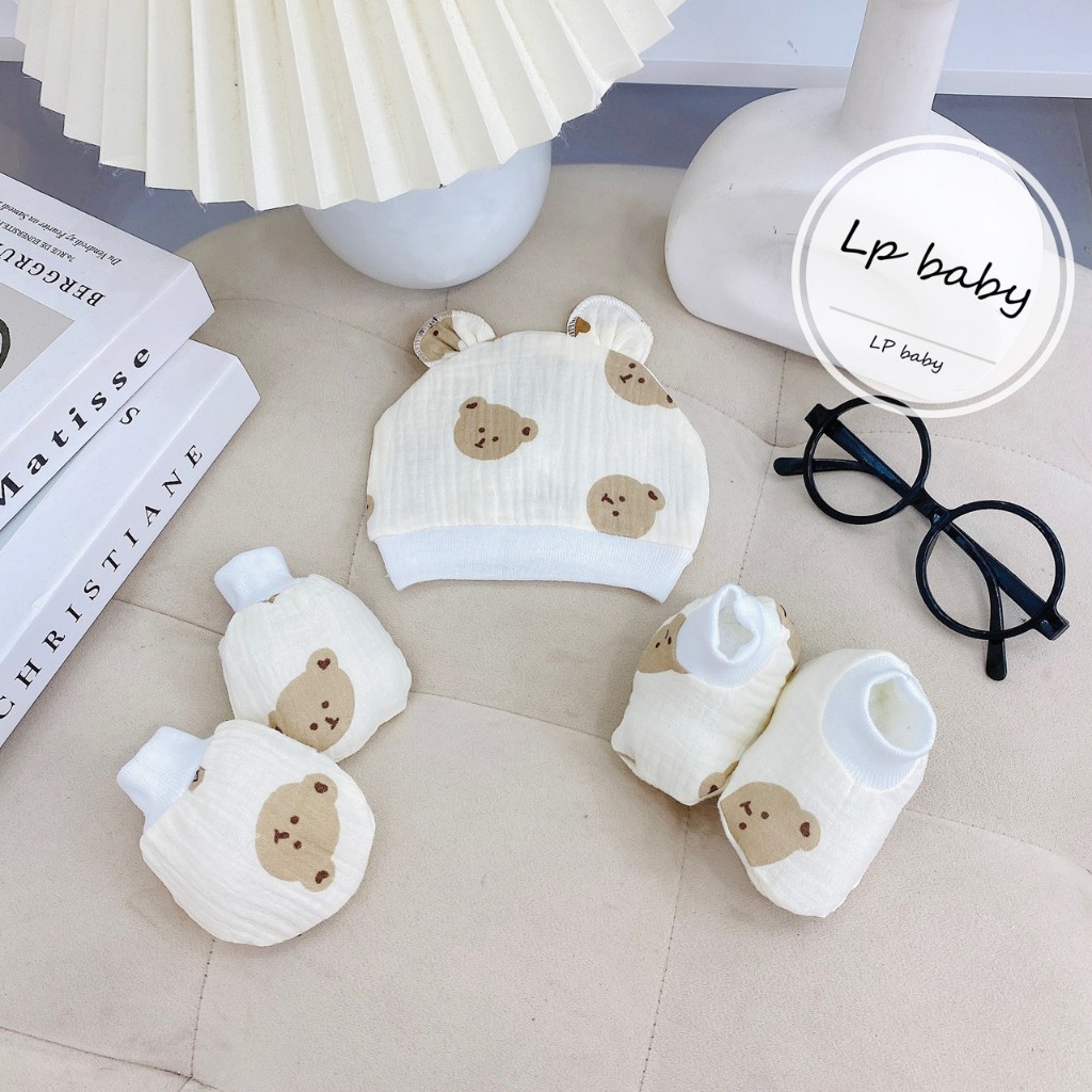 Sét mũ kèm bao tay bao chân MUSLIN 5 MÓN HỌA TIẾT chất đẹp đáng yêu cho bé SM13