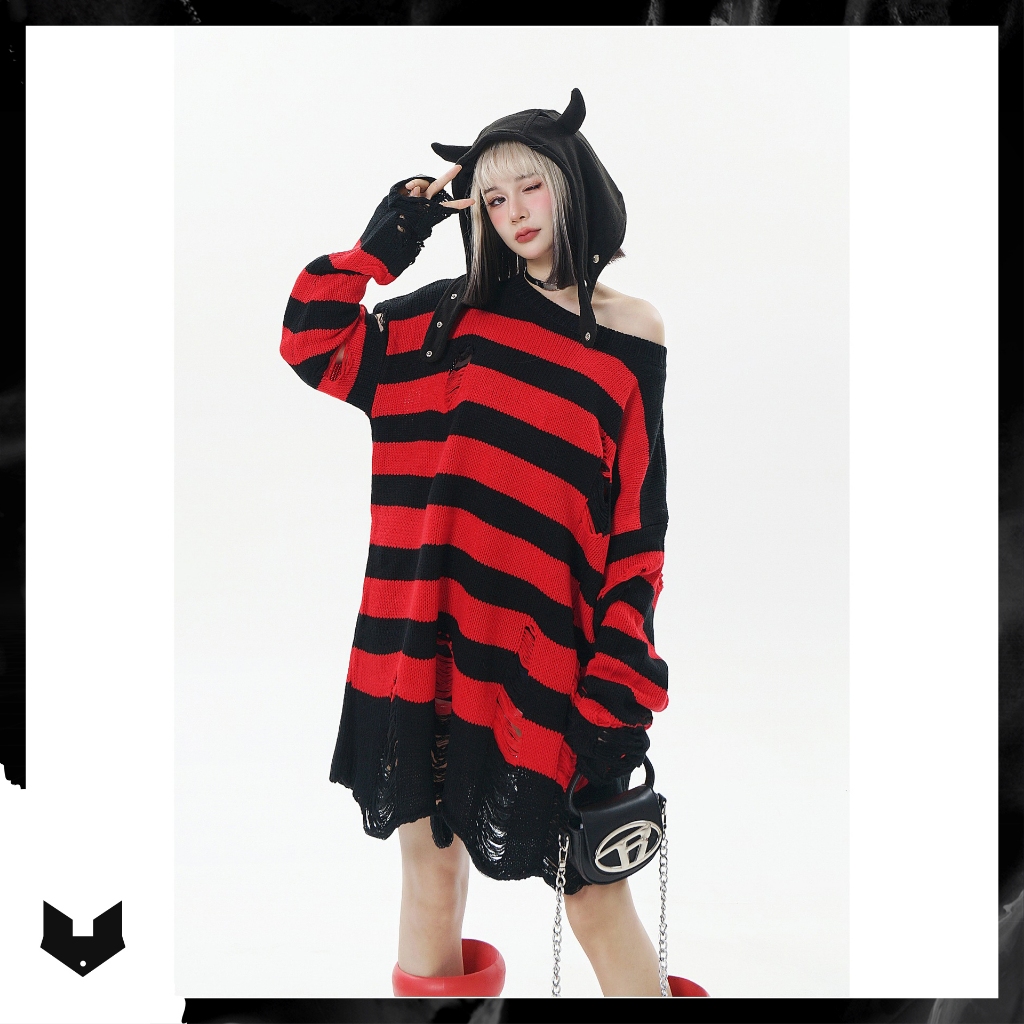 Áo len họa tiết kẻ ngang rách gấu tạo layer unisex nam nữ hip hop đường phố