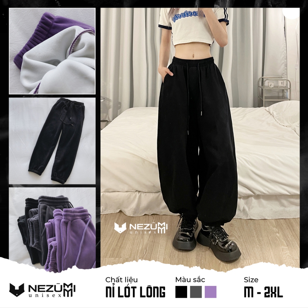 (Sẵn đen, xám, tím) Quần jogger suông nỉ gân lót lông siêu dày ấm đại hàn thể thao Hàn Quốc