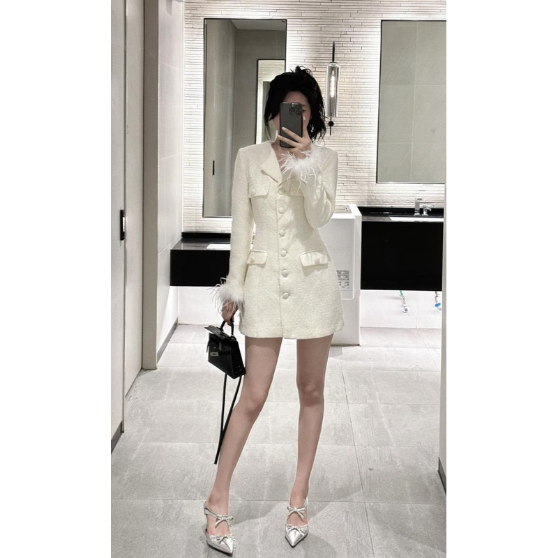 VÁY DẠ TWEED DÀI TAY VỔ BẺ TAY PHỐI LÔNG TIỂU THƯ ULZZANG