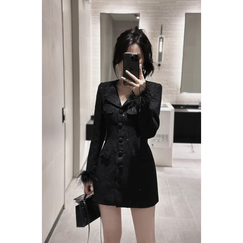 VÁY DẠ TWEED DÀI TAY VỔ BẺ TAY PHỐI LÔNG TIỂU THƯ ULZZANG