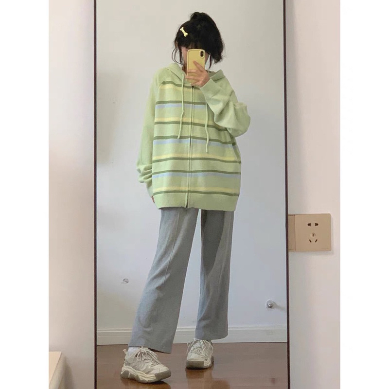 Áo khoác nữ dáng rộng, áo Cardigan len sọc xanh có mũ dáng dài siêu xinh phong cách Hàn Quốc - 168