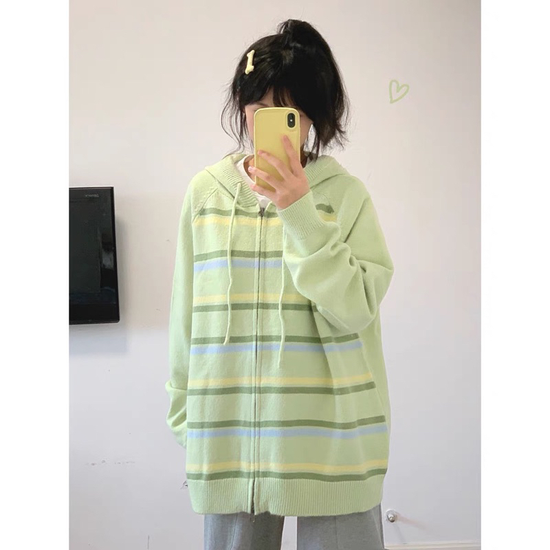 Áo khoác nữ dáng rộng, áo Cardigan len sọc xanh có mũ dáng dài siêu xinh phong cách Hàn Quốc - 168