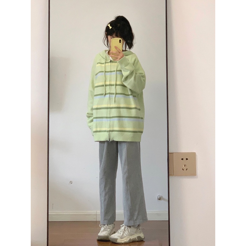 Áo khoác nữ dáng rộng, áo Cardigan len sọc xanh có mũ dáng dài siêu xinh phong cách Hàn Quốc - 168