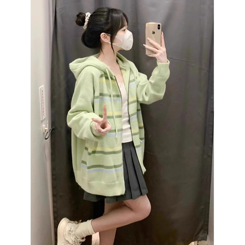 Áo khoác nữ dáng rộng, áo Cardigan len sọc xanh có mũ dáng dài siêu xinh phong cách Hàn Quốc - 168