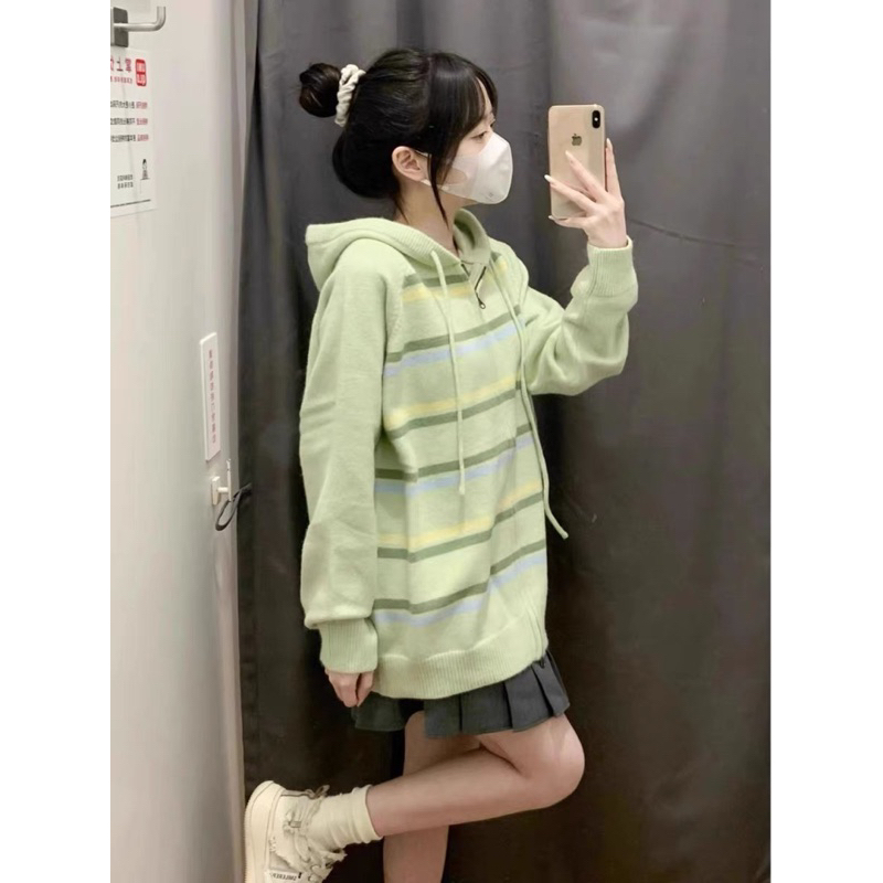 Áo khoác nữ dáng rộng, áo Cardigan len sọc xanh có mũ dáng dài siêu xinh phong cách Hàn Quốc - 168