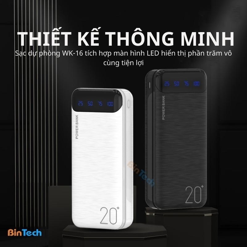 Sạc dự phòng 20000mah WP161, pin tích điện thiết kế nhỏ gọn đèn lead hiển thị phần trăm pin kèm cáp sạc-TECHHIGH