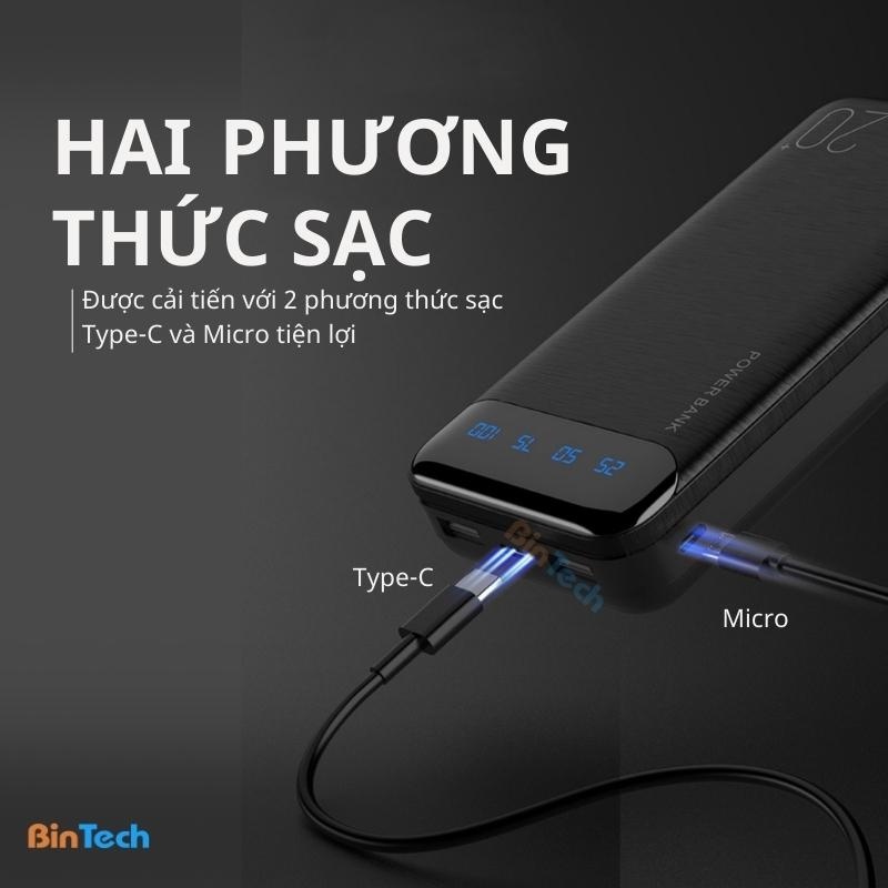 Sạc dự phòng 20000mah WP161, pin tích điện thiết kế nhỏ gọn đèn lead hiển thị phần trăm pin kèm cáp sạc-TECHHIGH