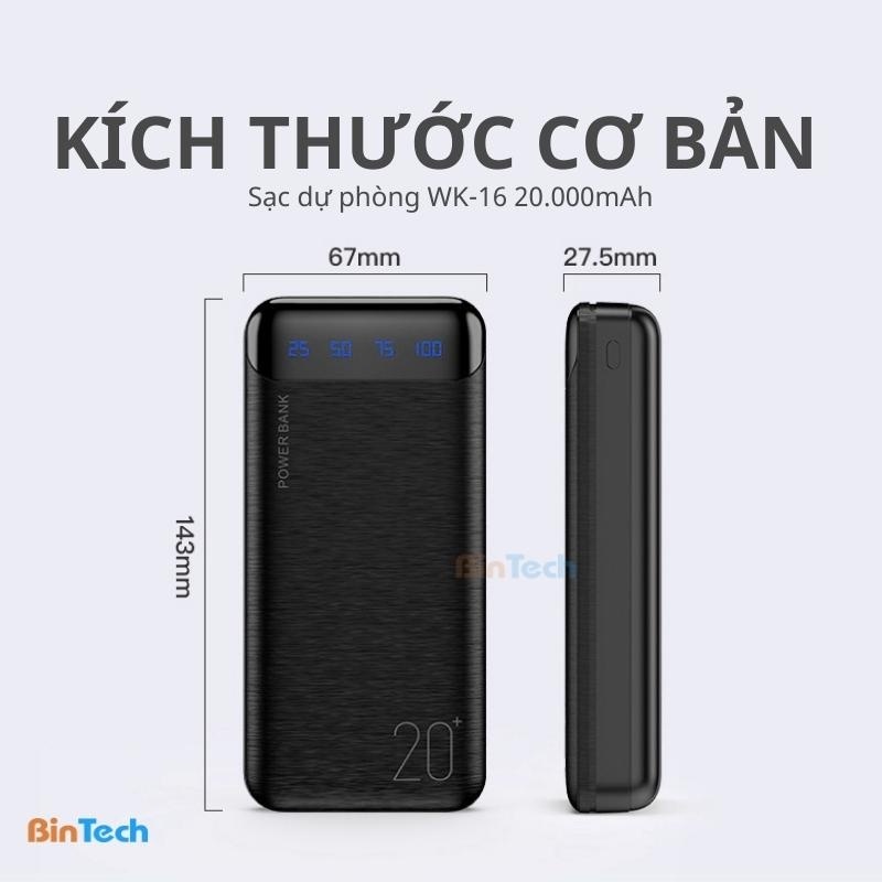 Sạc dự phòng 20000mah WP161, pin tích điện thiết kế nhỏ gọn đèn lead hiển thị phần trăm pin kèm cáp sạc-TECHHIGH