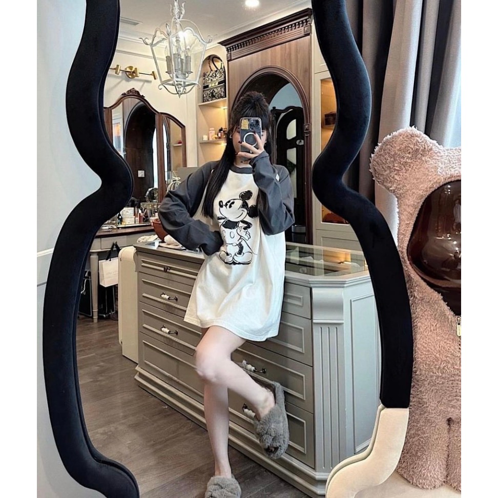 Áo Thun MICKEY Dài Tay Phối Màu Trắng Ghi Áo Phông Nữ Form Thụng Rộng