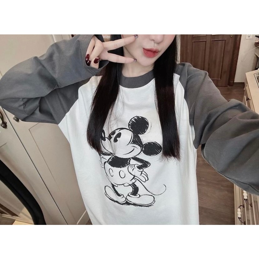 Áo Thun MICKEY Dài Tay Phối Màu Trắng Ghi Áo Phông Nữ Form Thụng Rộng