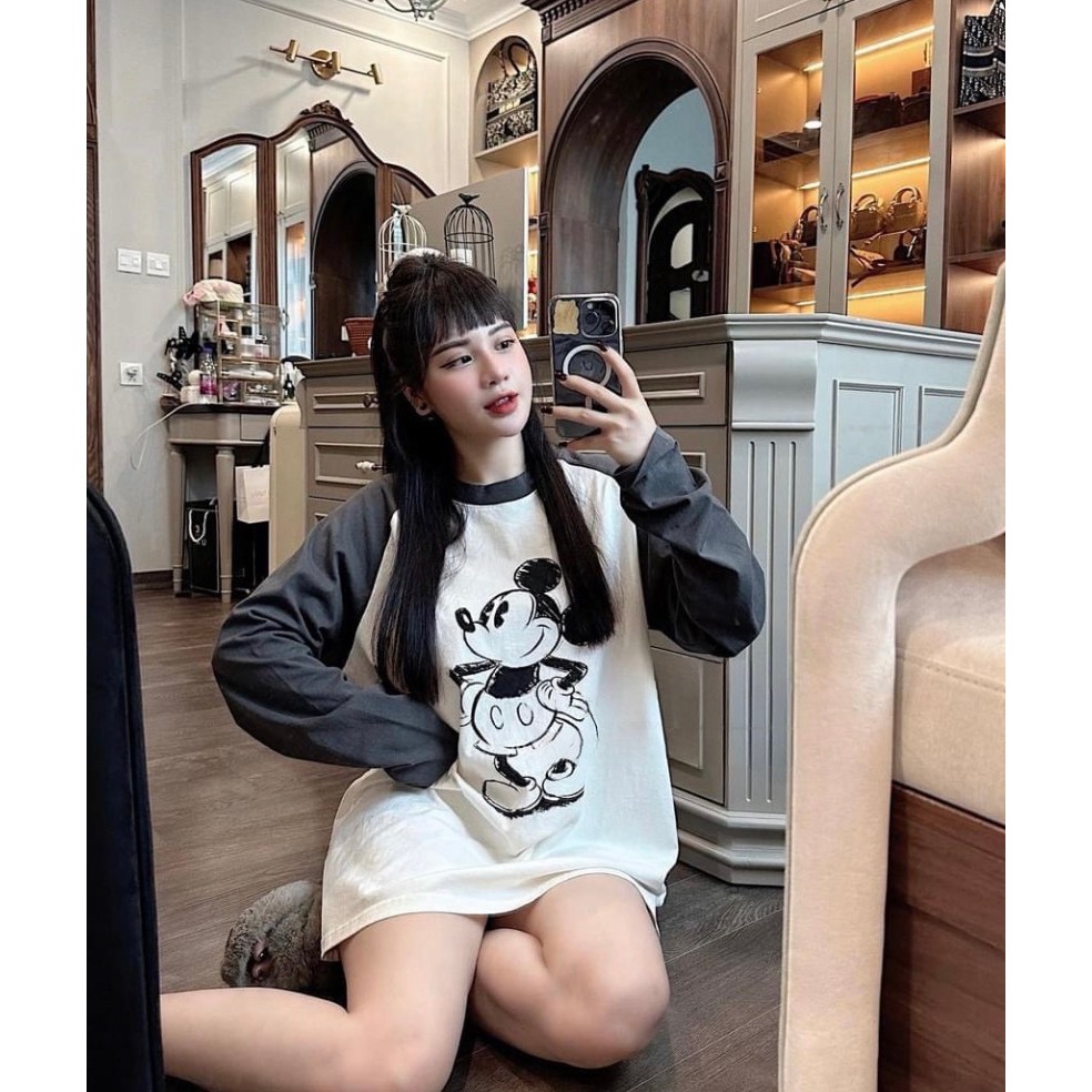 Áo Thun MICKEY Dài Tay Phối Màu Trắng Ghi Áo Phông Nữ Form Thụng Rộng