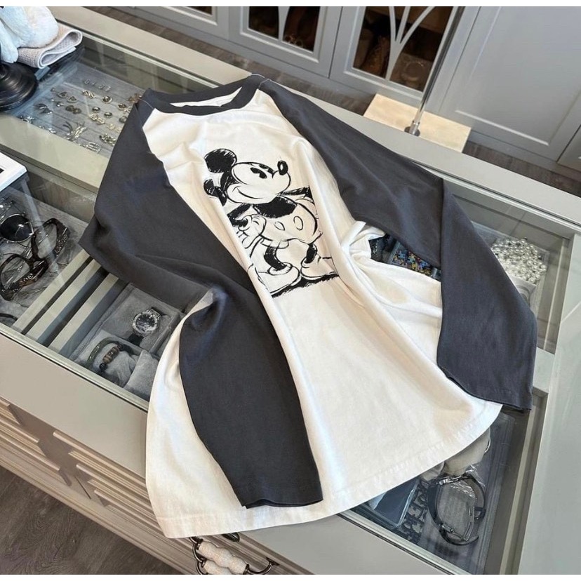 Áo Thun MICKEY Dài Tay Phối Màu Trắng Ghi Áo Phông Nữ Form Thụng Rộng