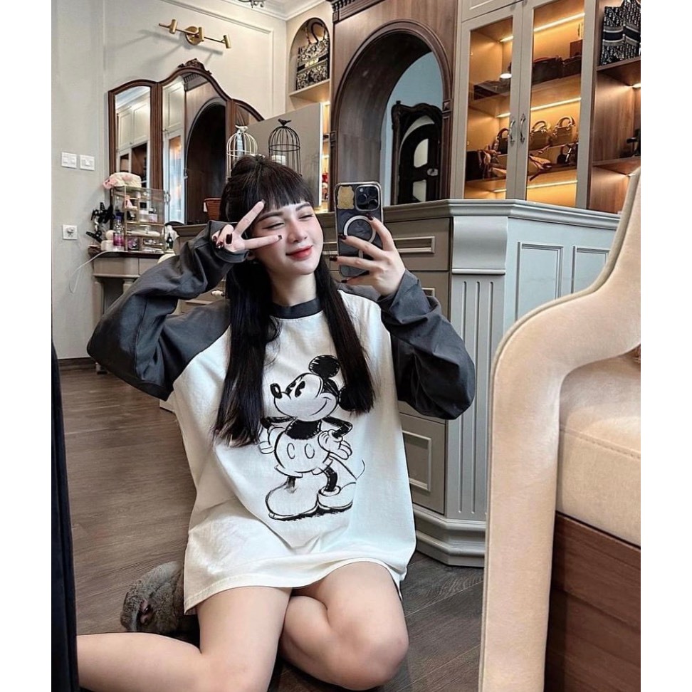Áo Thun MICKEY Dài Tay Phối Màu Trắng Ghi Áo Phông Nữ Form Thụng Rộng