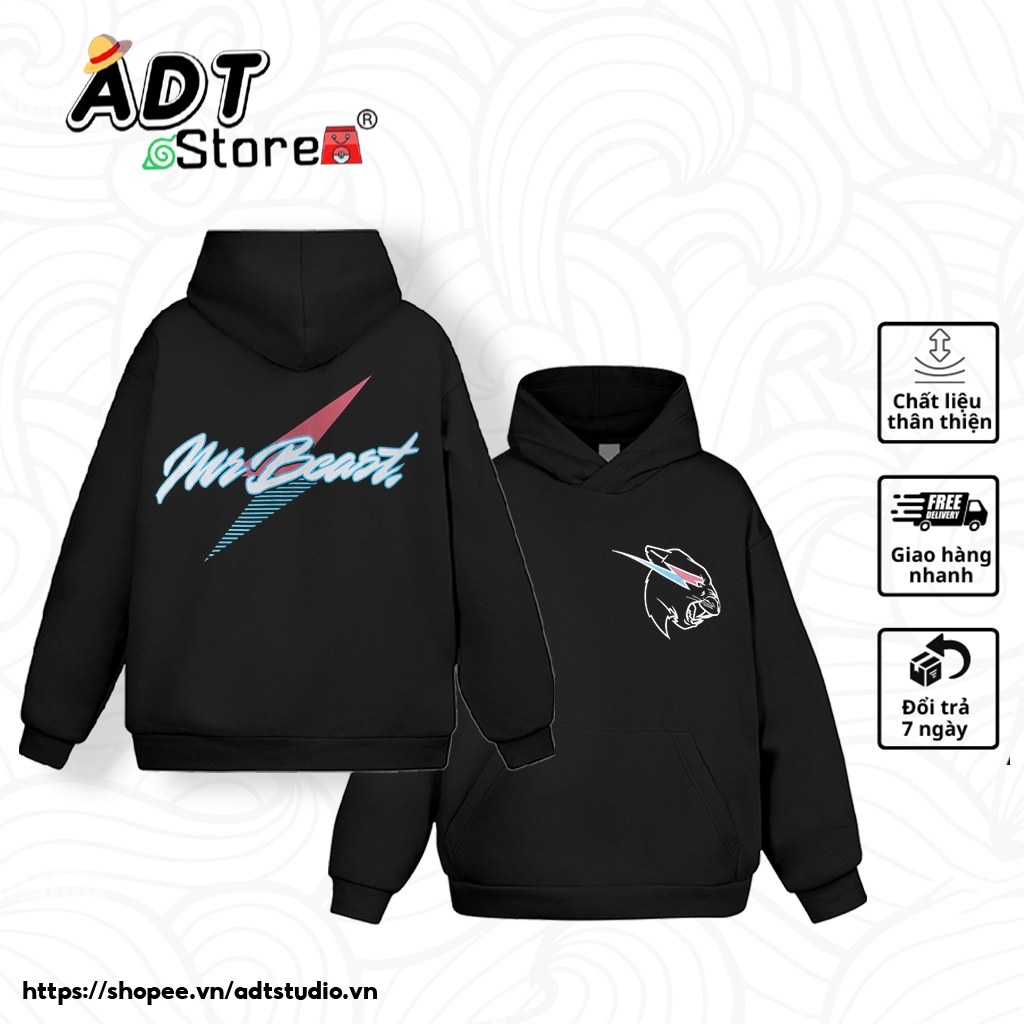 Mẫu Áo Hoodie đen 2 mặt in Mr Beast - Áo in Mr Beast mẫu mới, chất vải thun co giãn 4 chiều