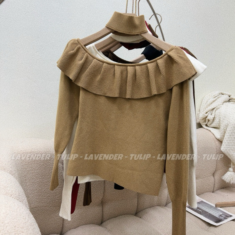 Áo len trễ vai bèo kèm choker cổ Datasco