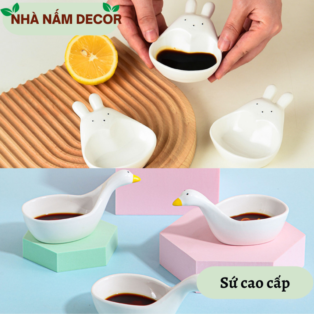 Đĩa sứ đựng nước chấm, đĩa sứ đựng xốt, đĩa chấm thiên nga họa tiết 3D trong lòng