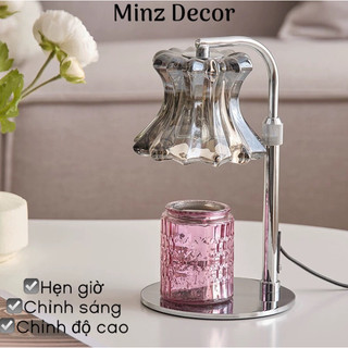 Đèn đốt nến thơm chụp thuỷ tinh bạc, có điều chỉnh độ cao đèn, hẹn giờ, chỉnh sáng