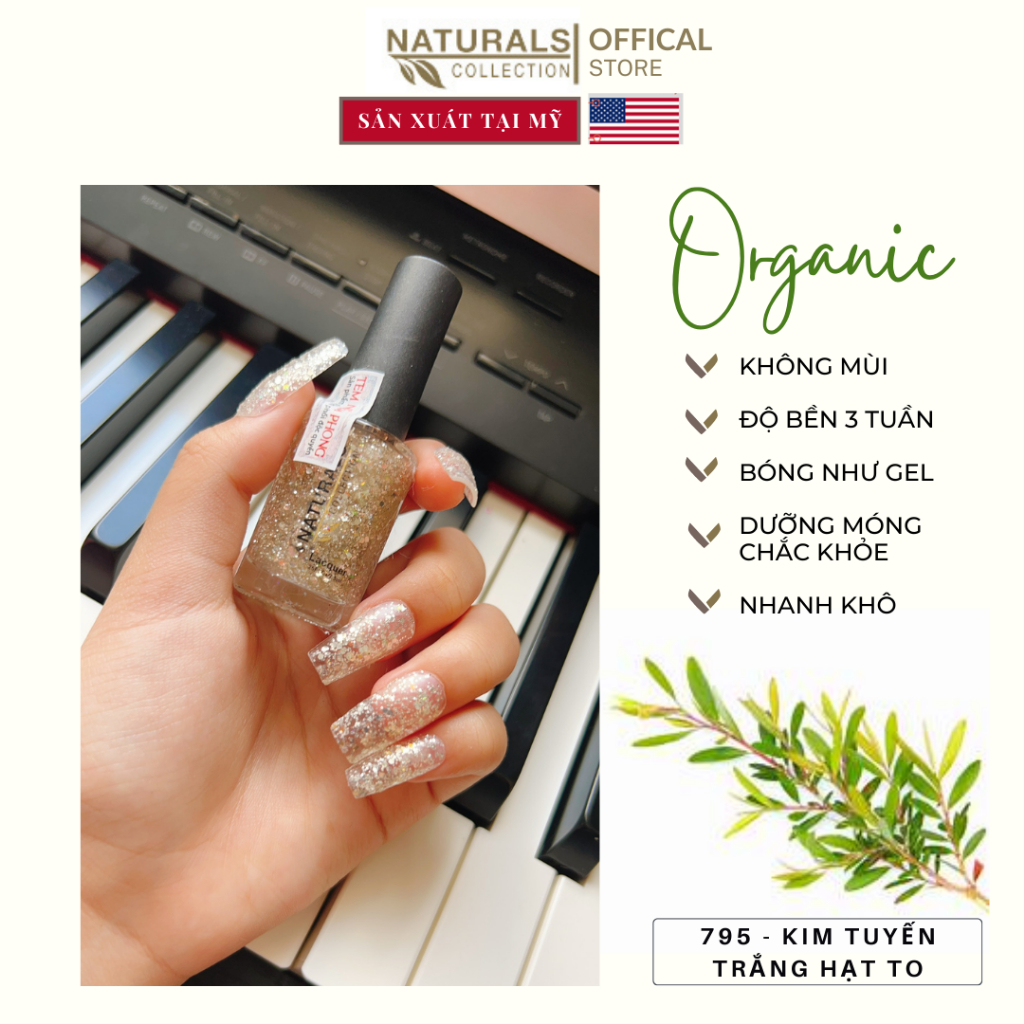 Sơn móng tay hữu cơ màu Kim Tuyến Trắng Hạt To USA Naturals Collection sử dụng được cho mẹ bầu và trẻ em - 7.5ml - 795