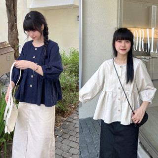  MODEN - Áo babydoll nữ áo kiểu cúc vuông chất linen bột - SANDY 