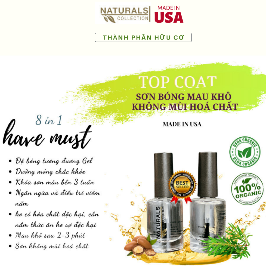 Sơn bóng top coat giúp cố định màu lâu bền suốt 3 tuần USA NATURALS COLLECTION sử dụng được cho mẹ bầu và trẻ em - 10ml