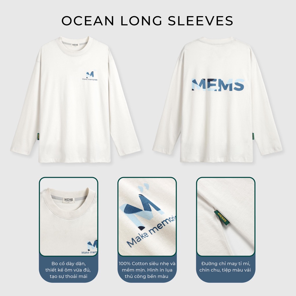 Ocean long sleeves | MEMS Áo thun cotton nam nữ tay dài cổ tròn in logo màu thiên nhiên