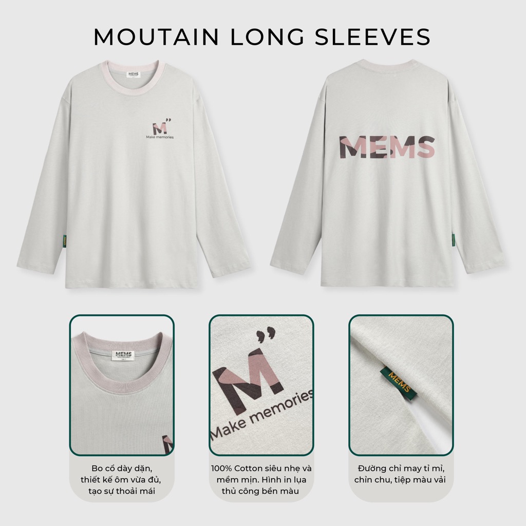 Moutain long sleevs | MEMS Áo thun cotton nam nữ tay dài cổ tròn in logo màu thiên nhiên