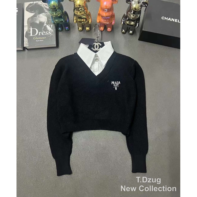 Áo len cổ sơ mi pra.da QCCC