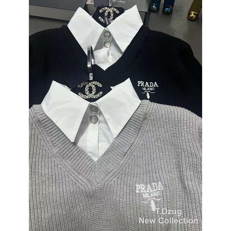 Áo len cổ sơ mi pra.da QCCC